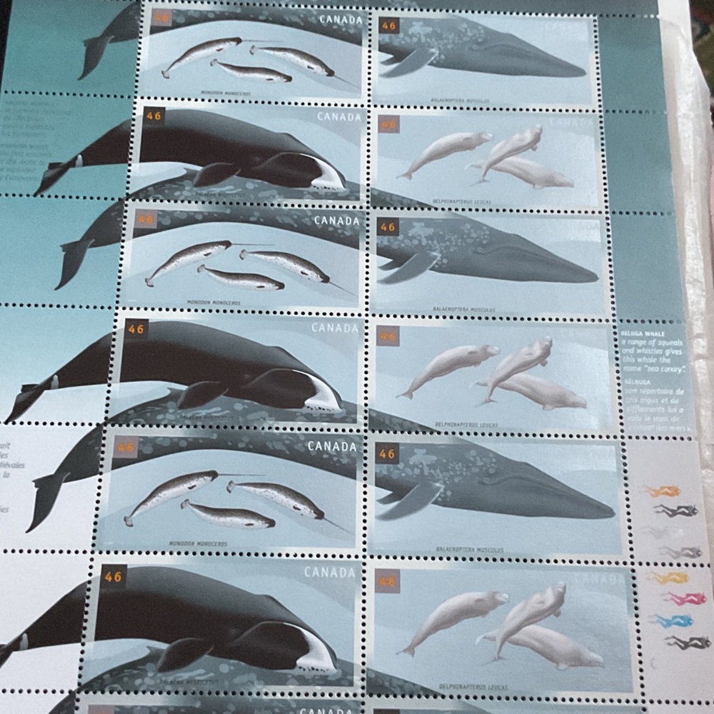 Canada Post stamps 1868 - 1871 46¢ " Whales " Inscription sheet